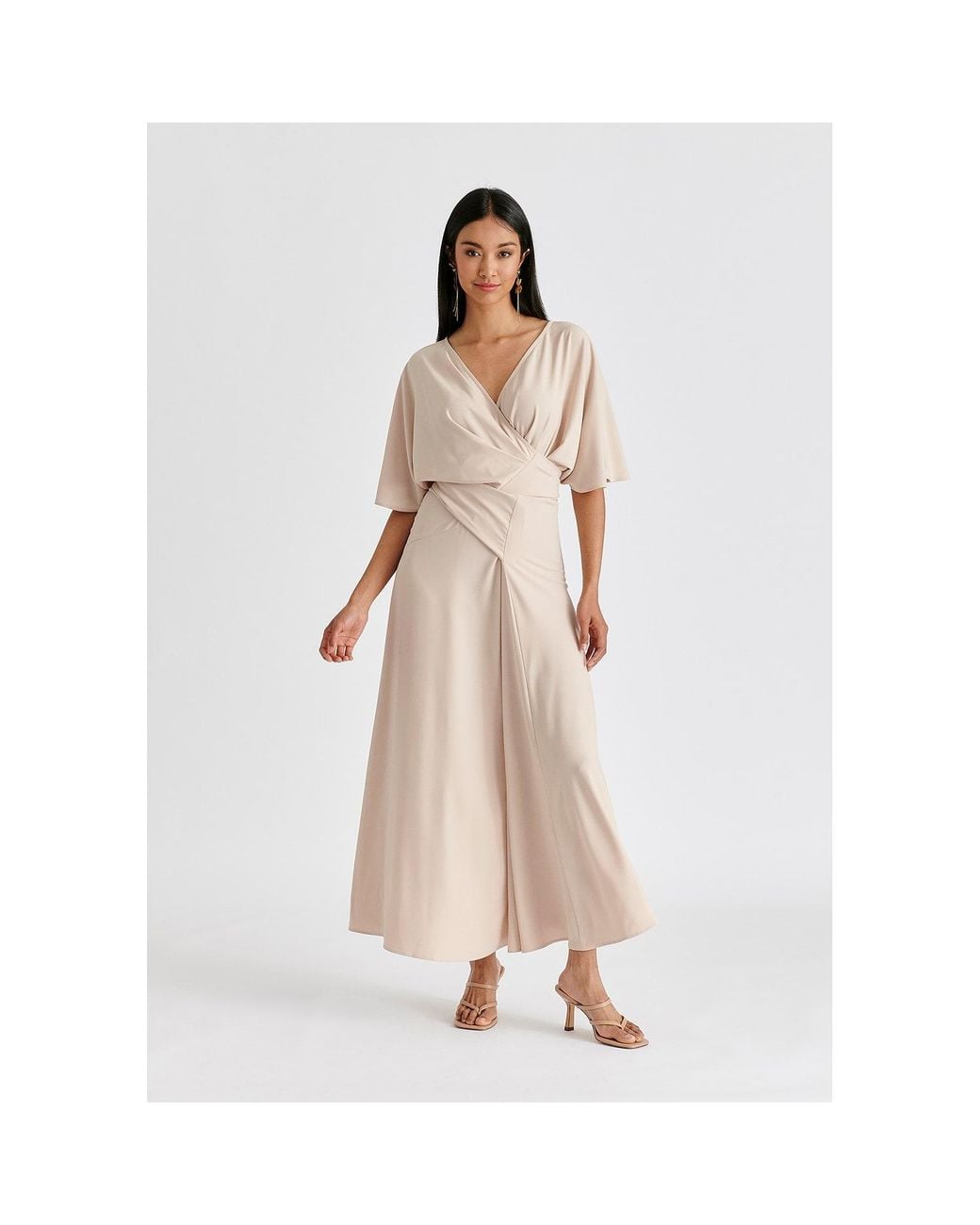 Paisie Natural Neutrals Flare Sleeves Maxi Wrap Dress