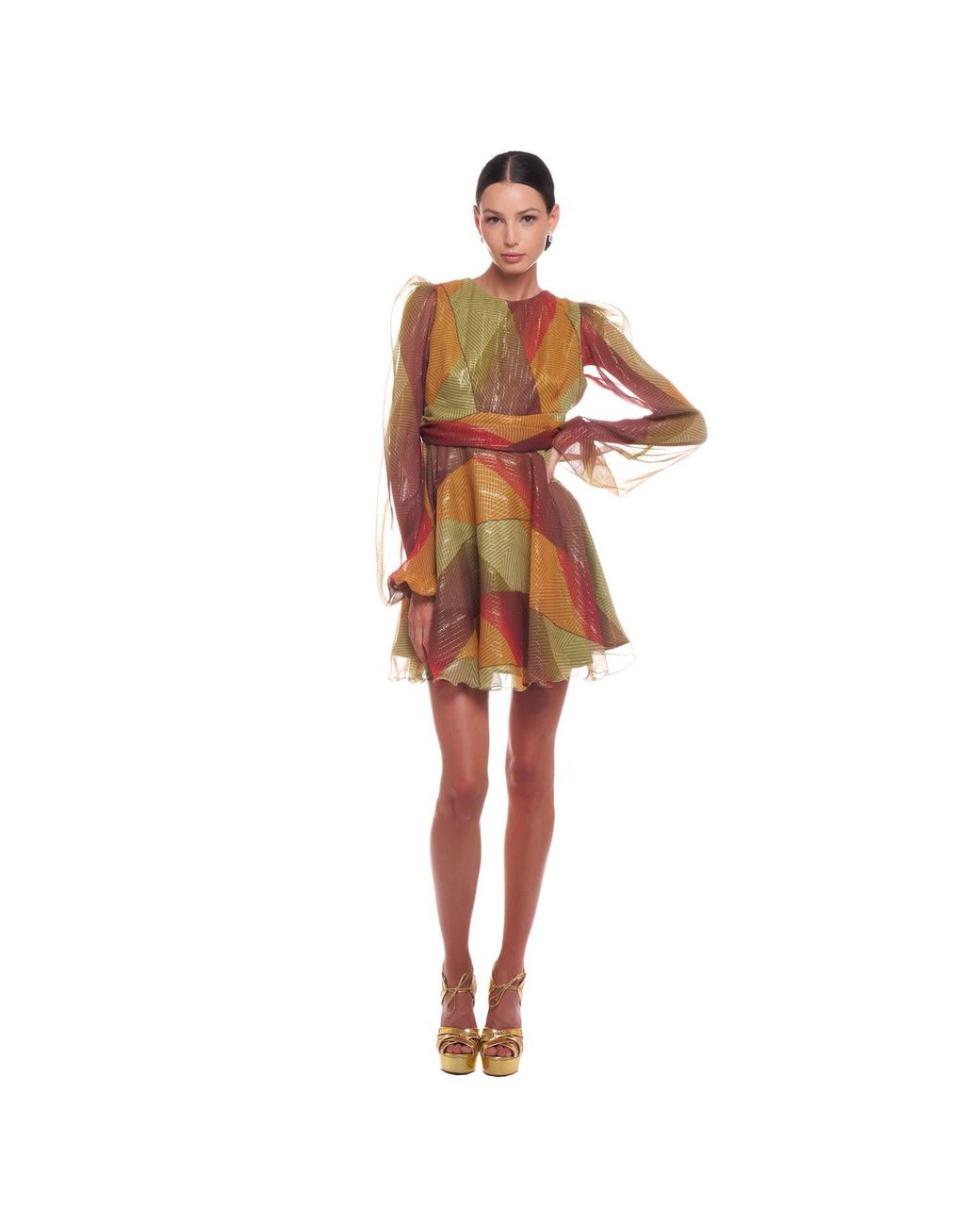 Sofia Tsereteli Brown Short Silk Dress In Multicolored Patch