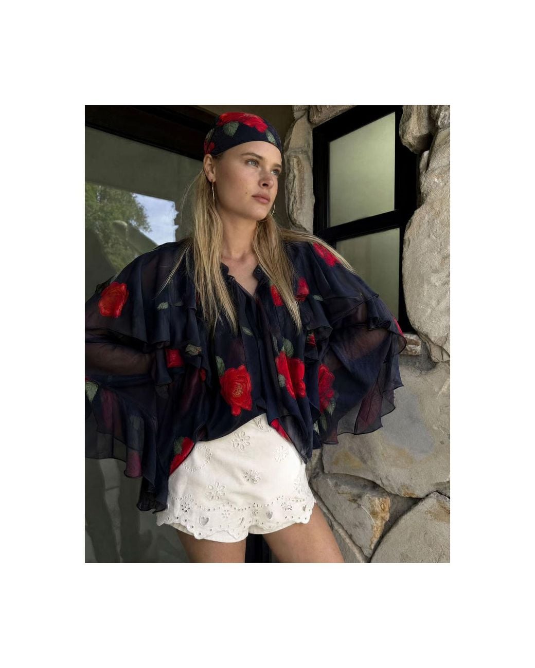 concept A trois Blue Chiffon Blouse With Rose Print And Ample Ruffles
