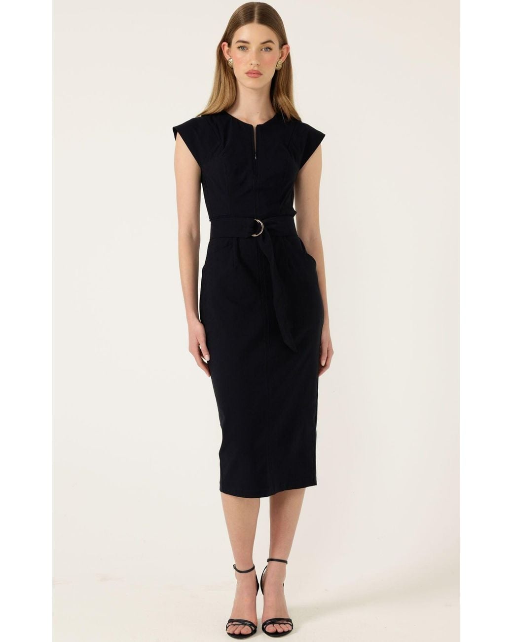 SACHA DRAKE Black Zip Front Stretch Fitted Midi Dress