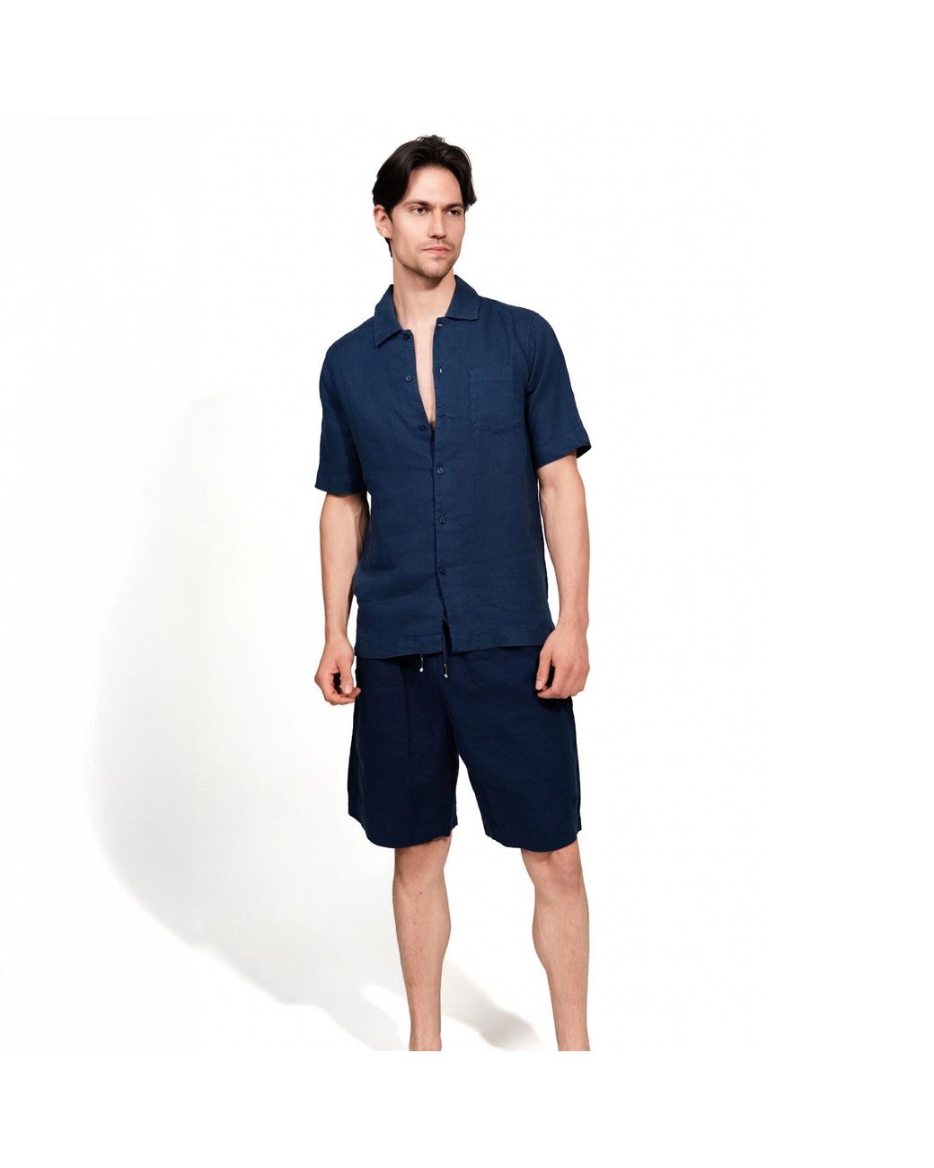 Maison Tangerine Blue Deep Linen Short Sleeve Shirt For for men