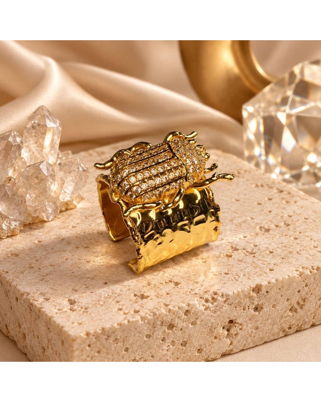 By Ozge Metallic Egyptian Protection Zircon Scarab-Plated Adjustable Chunky Ring
