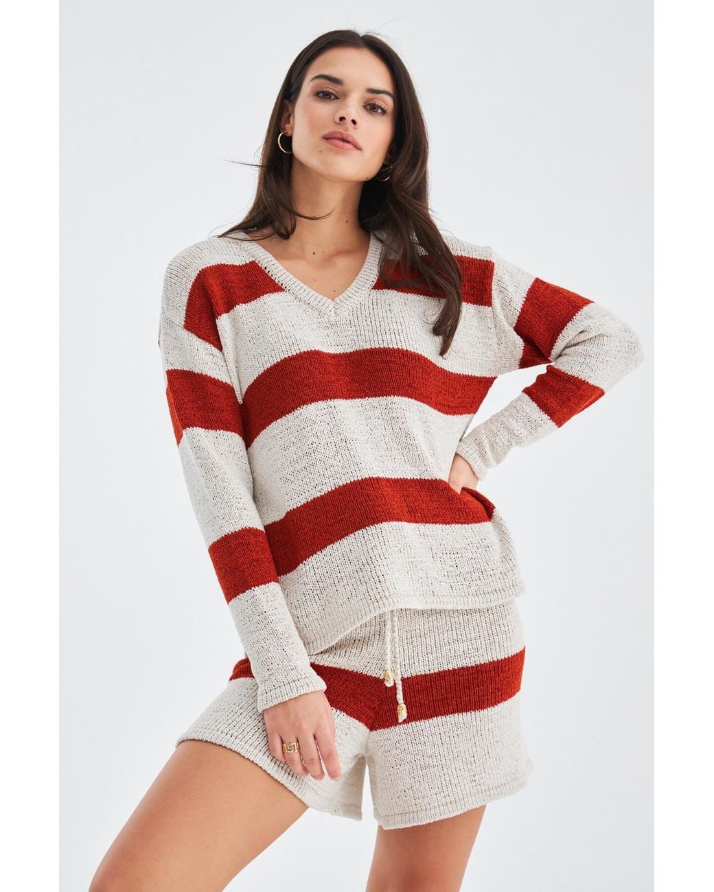 Peraluna Red Siena Knitted Striped Blouse & Shorts Matching Set
