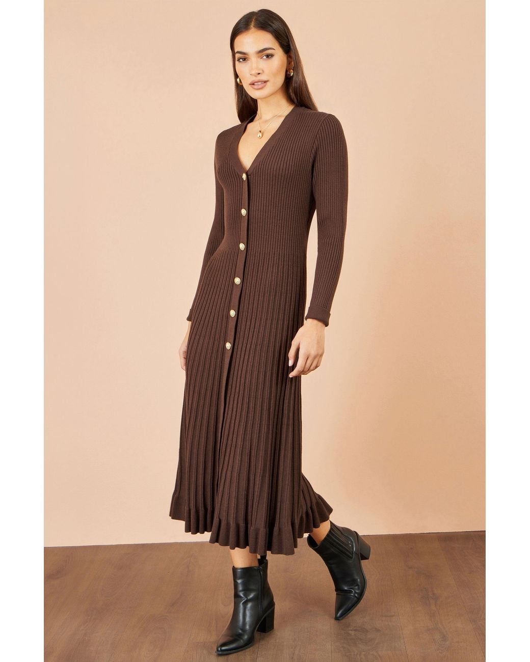 Yumi' Brown Viscose Knitted Midi Ribbed Dress