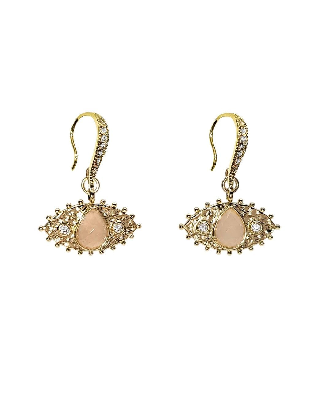 Farra Metallic Evil Eye Adorned Rose Quartz Stone Earrings