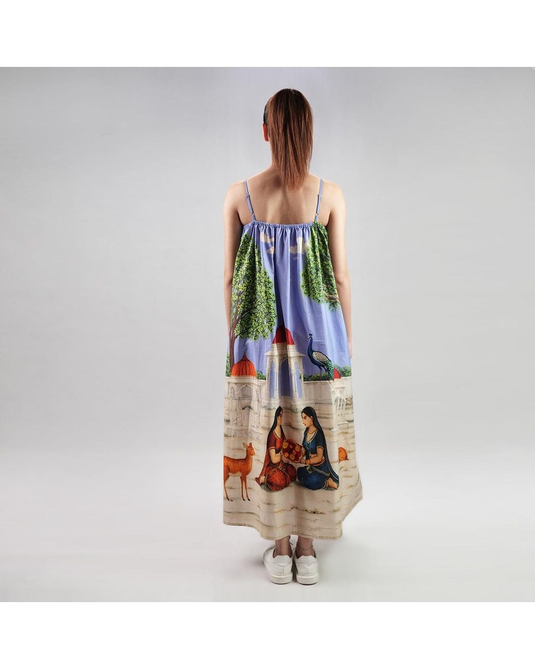 DHARA SHETH DUBAI Blue Saanjh Heritage Art Print Spaghetti Strap Maxi Dress