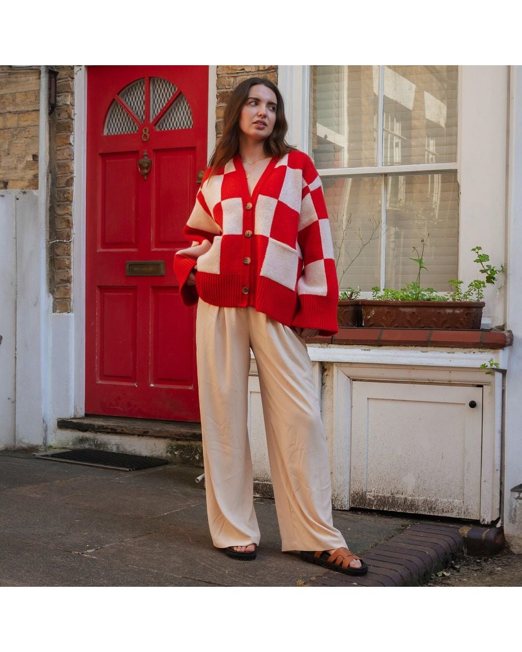 Cara & The Sky Red Candice Checked Wide Sleeve Cardigan