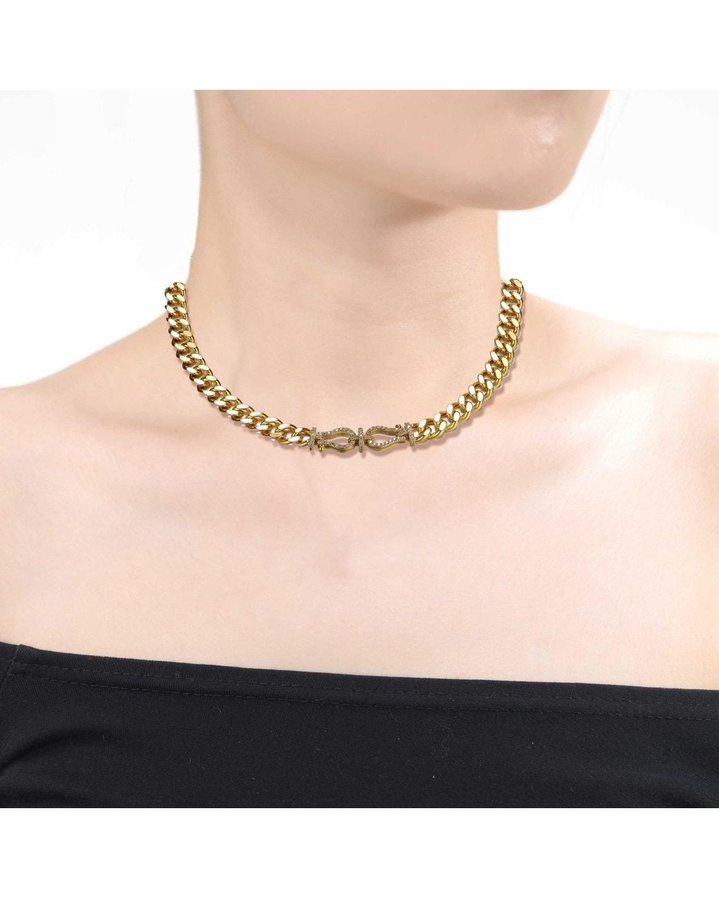 Genevive Jewelry Metallic Rachel Glauber Plated With Cubic Zirconia Miami Cuban Chain Door Knocker Necklace