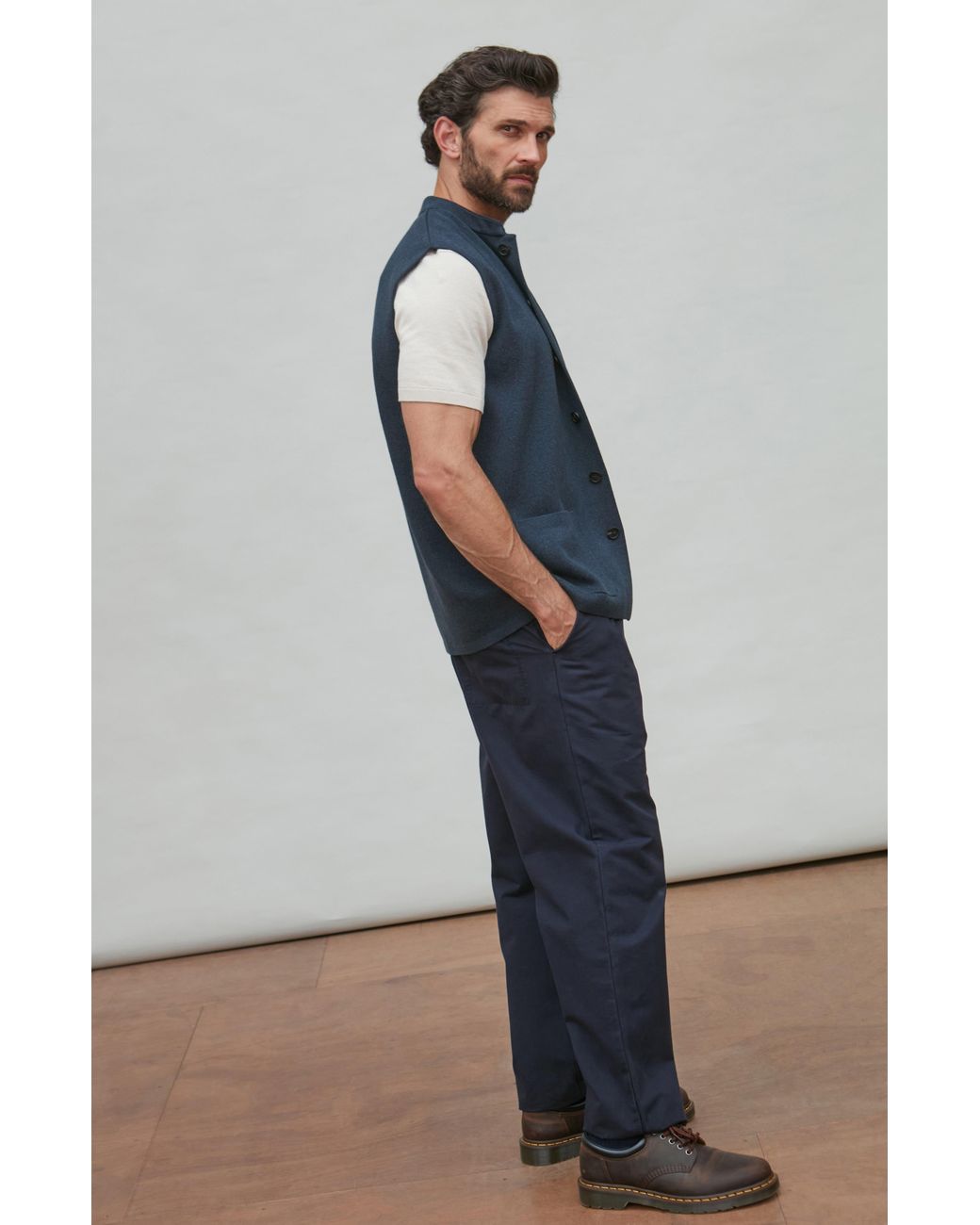 Paul James Knitwear Blue Midweight Cotton Cochin Knitted Nehru Waistcoat for men