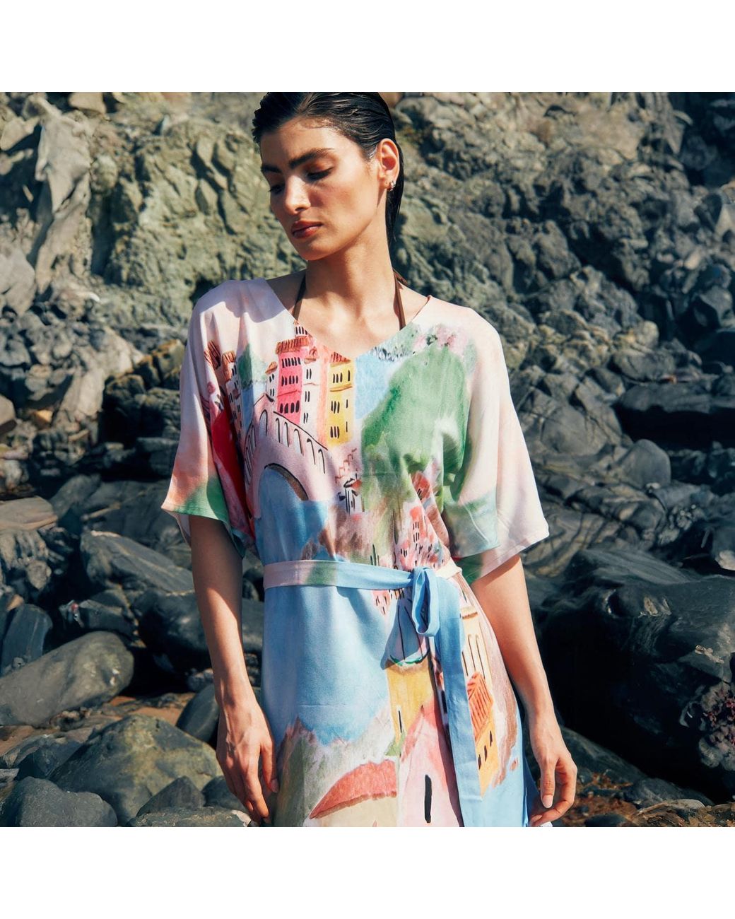 DHARA SHETH DUBAI Multicolor La Riviera Printed Long Kaftan Dress With Side Slits