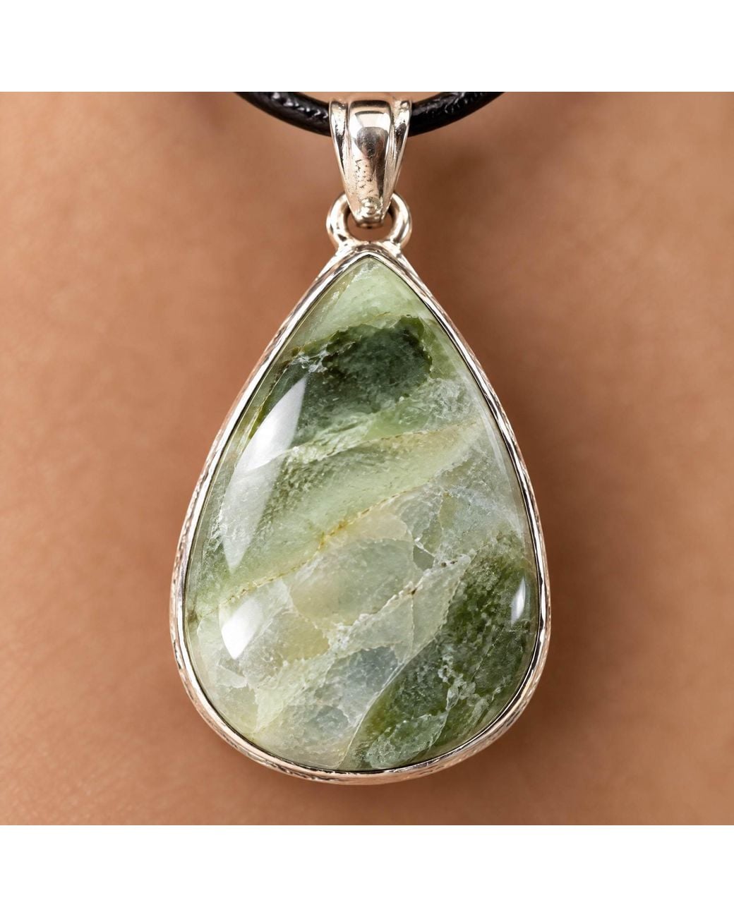 Saéa Green Sage And Cream Serpentine Teardrop Pendant Necklace On Leather Cord