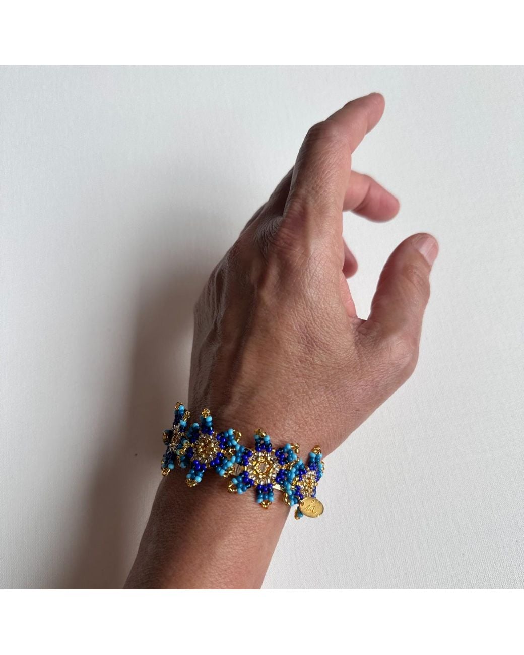 Iliana Arrazola Blue Waterfall Blossom, Cuff Bracelet, Glass Beads, Beaded Jewelry
