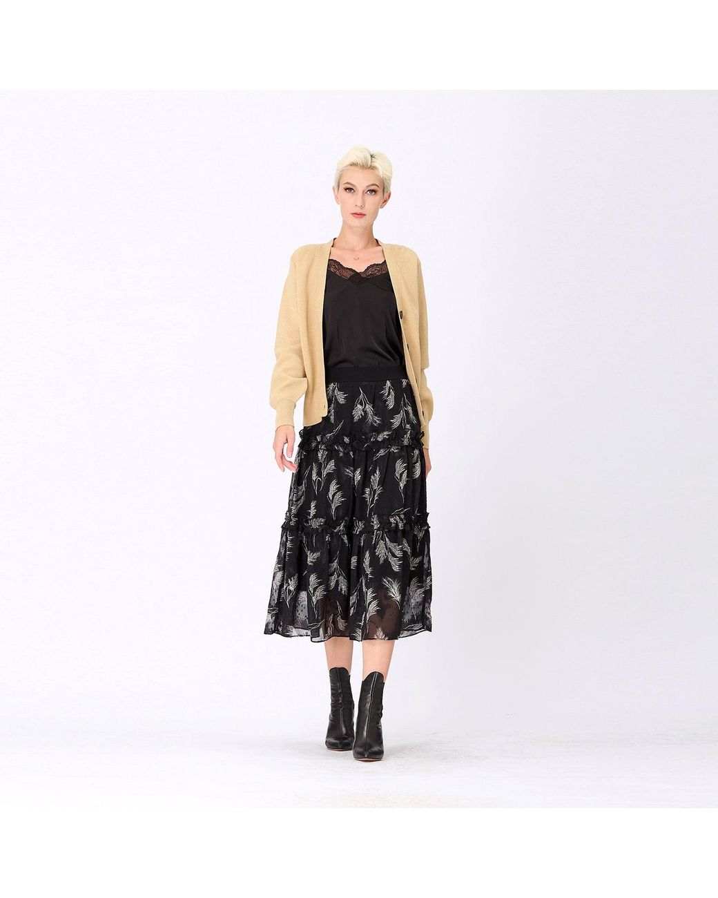 Smart and Joy Black Tiered Panel Feather Print Skirt