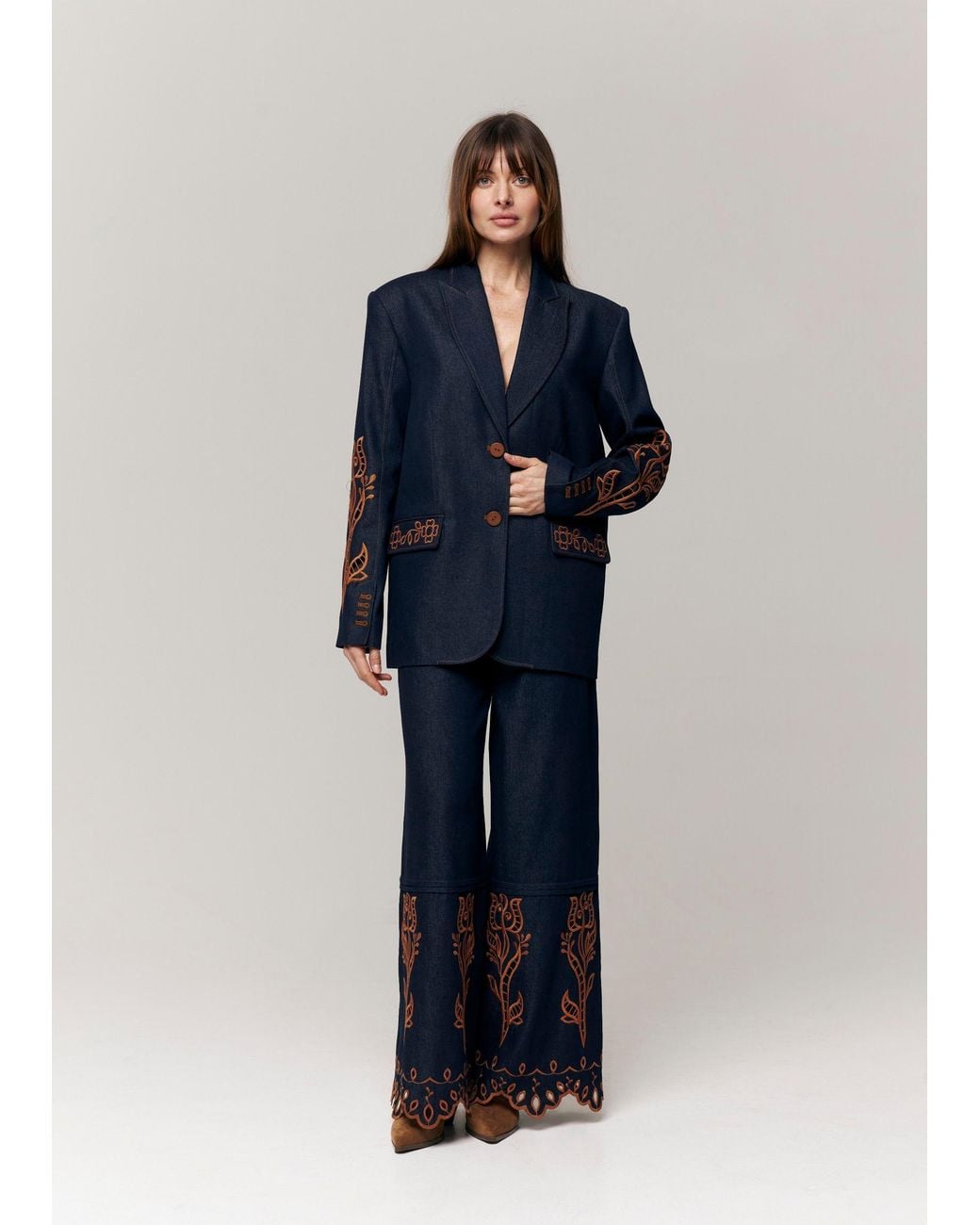 Annabo Blue Velvet Rose Embroidered Denim Wide-Leg Pants
