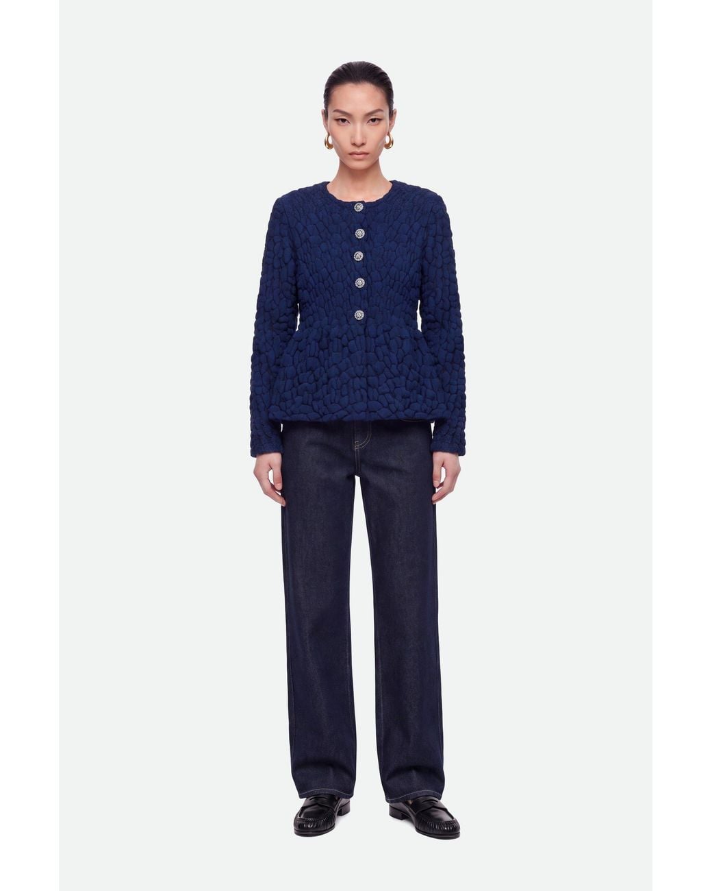 Nocturne Blue Textured Knit Peplum Cardigan