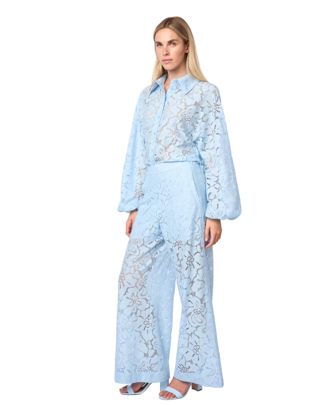 Carloslines Blue Oversized Balloon Sleeve Button Down Lace Shirt W/ Shirttail