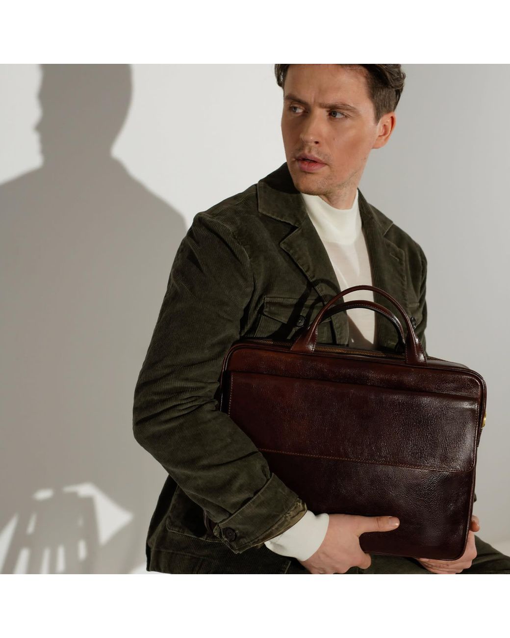 Time Resistance Brown Leather Briefcase Laptop Bag for men