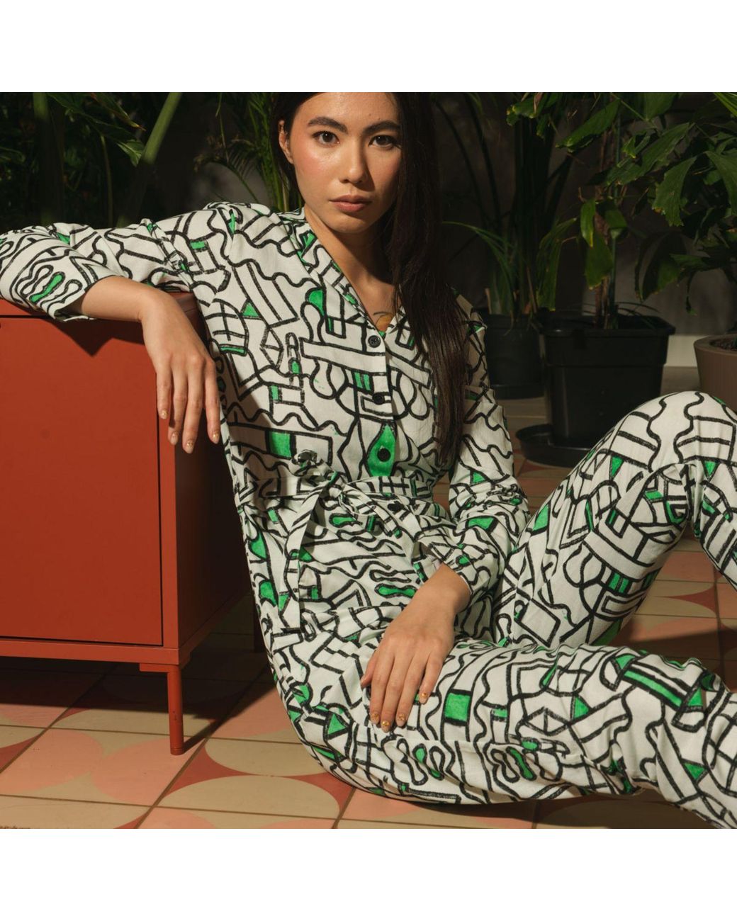 Wild Clouds Green Organic Cotton & Linen Jumpsuit