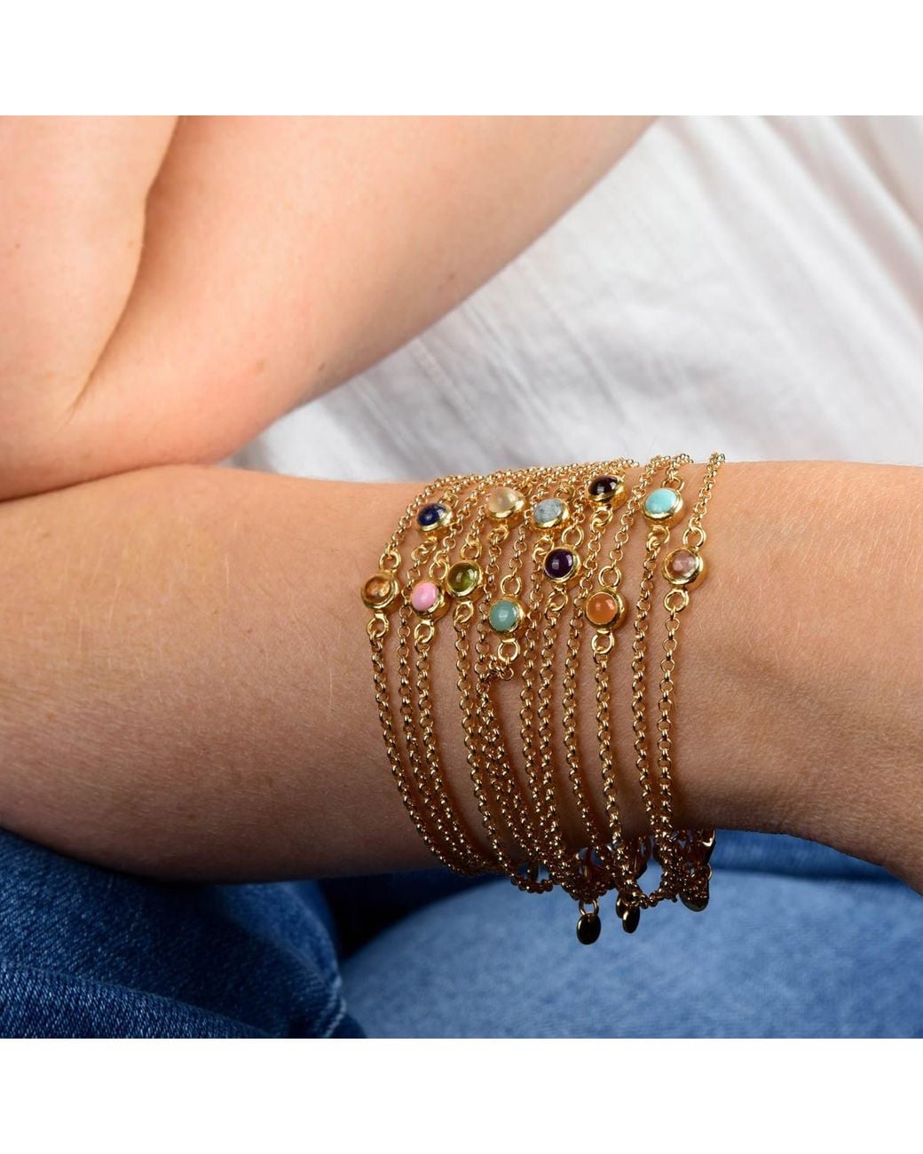 Nellou Jewellery Metallic Neutrals Rock Crystal Birthstone Gem Dot Bracelet Plated Sterling