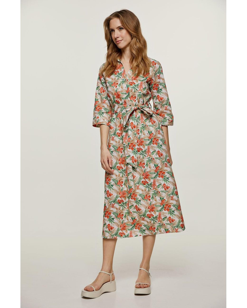 Conquista Metallic Print Poplin Style Midi Dress