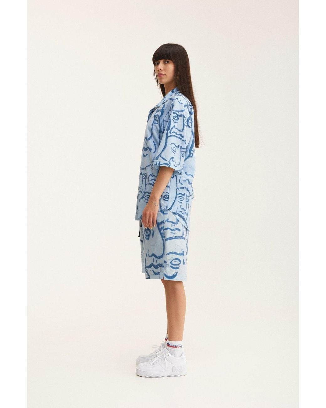 mysimplicated Blue Short Sleeve Shirt And Bermuda Set With Faces Design