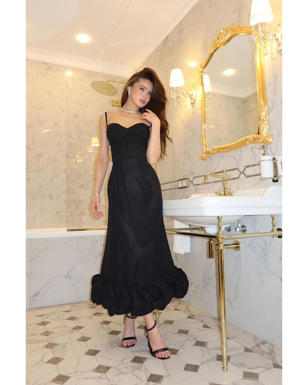 POST MERIDIEM Black Draped Bodice Bottom Flounced Bustier Dress