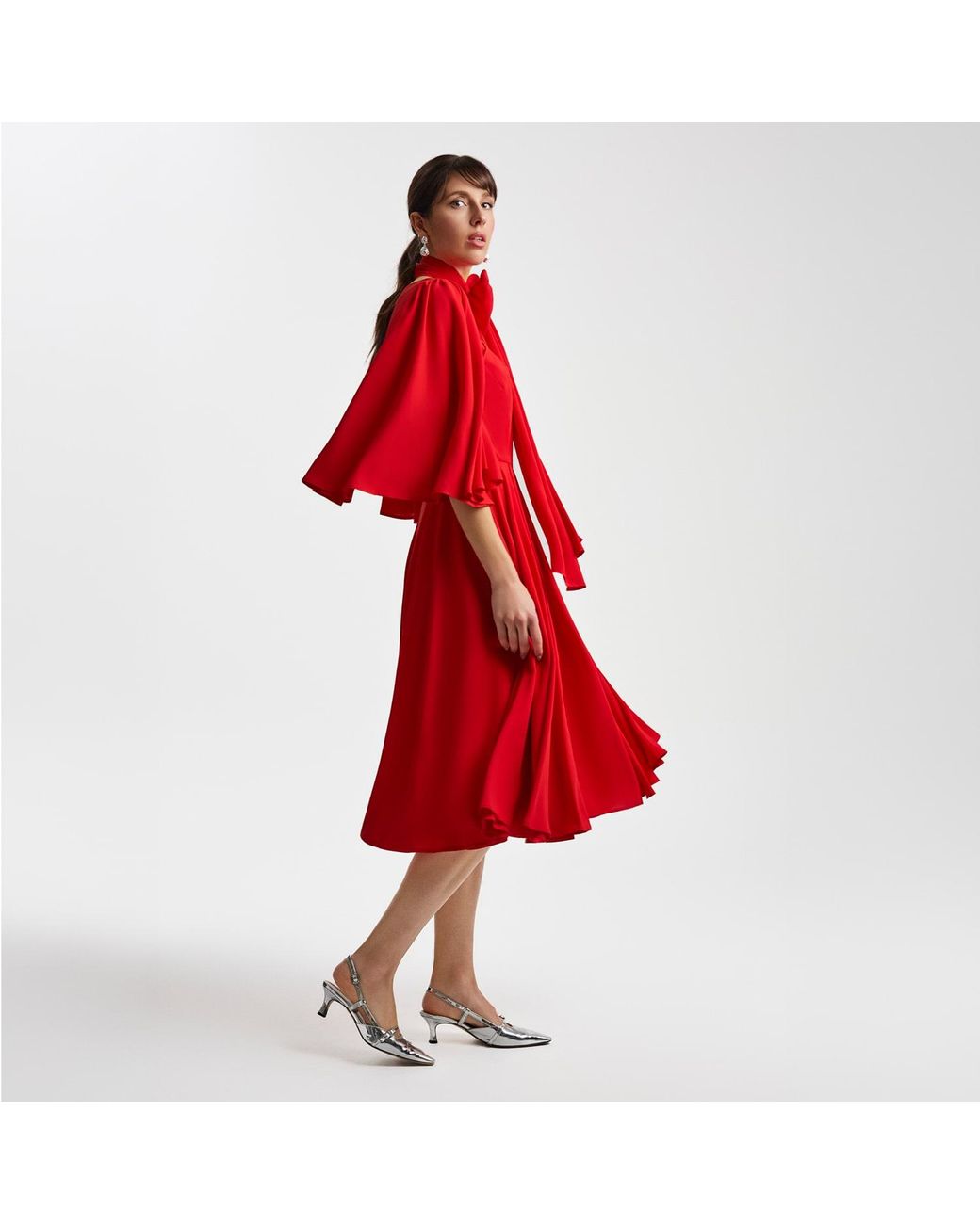 Femponiq Red Bow Tie Neck Pleated Midi Dress
