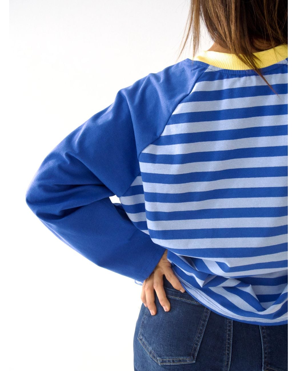 Mind Traveler Blue Striped Raglan Long Sleeve Carla Top With Contrast Neck