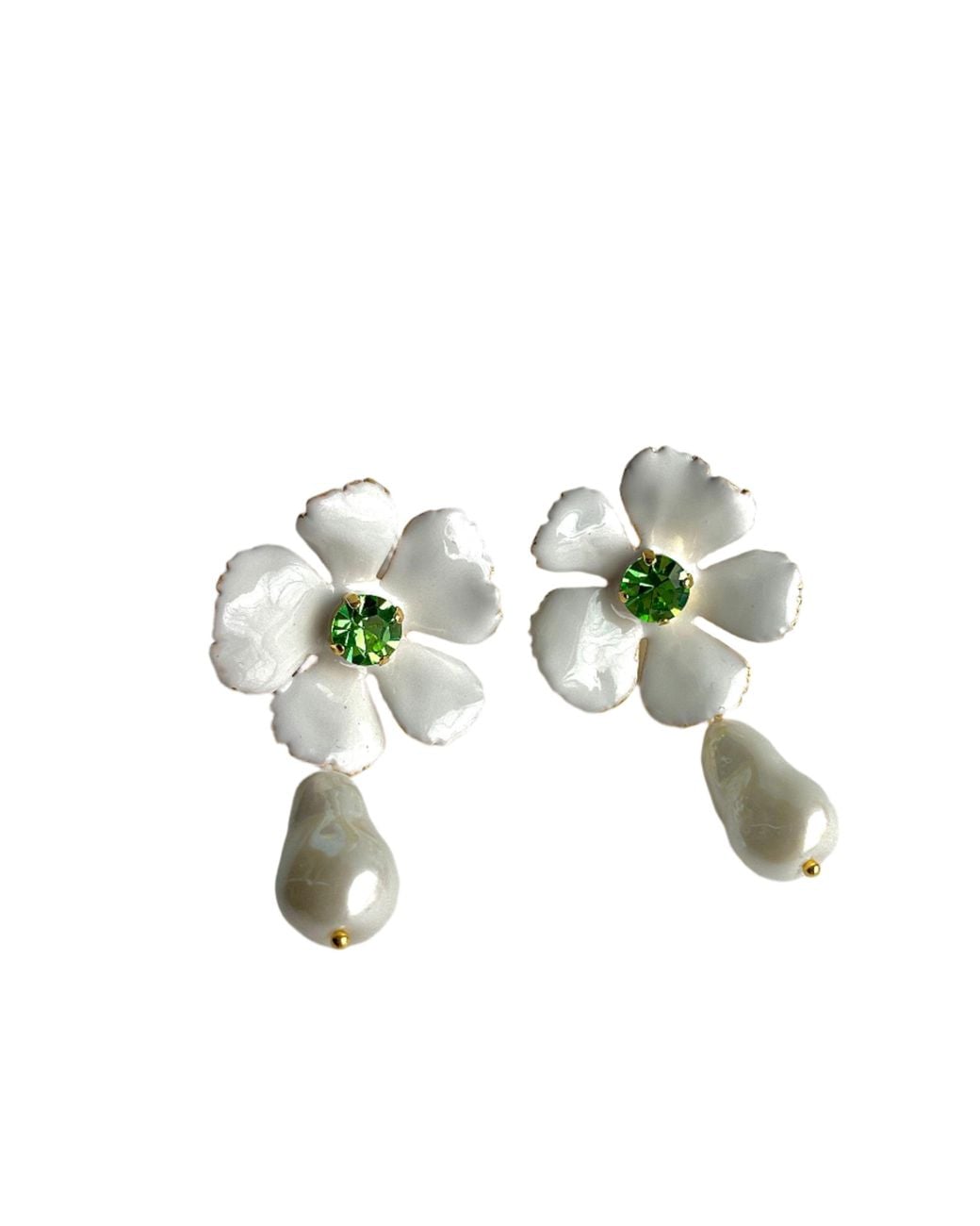 Laura Gray Green Enamel Flower Pearl Drop Post Earrings