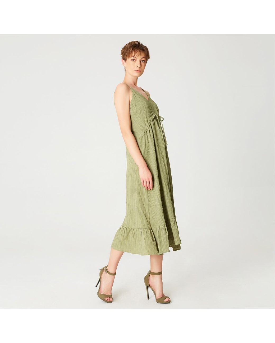 Smart and Joy Green Trapeze Midi Dress With Drawstring And Thin Shoulder Straps