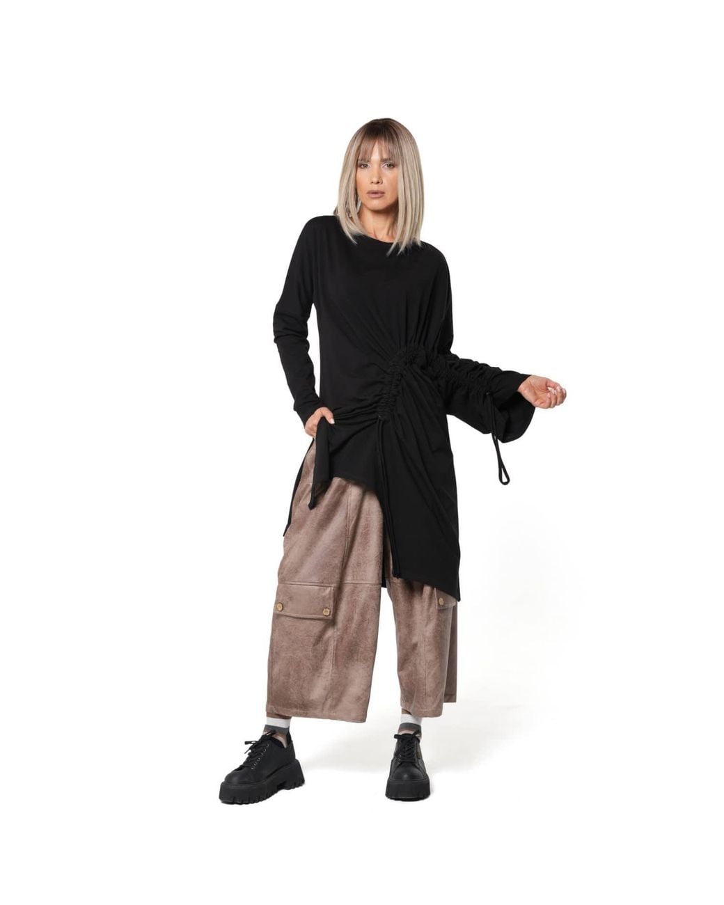 Metamorph Black Neutrals Asymmetric Cotton Tunic With Adjustable Drawstring Details