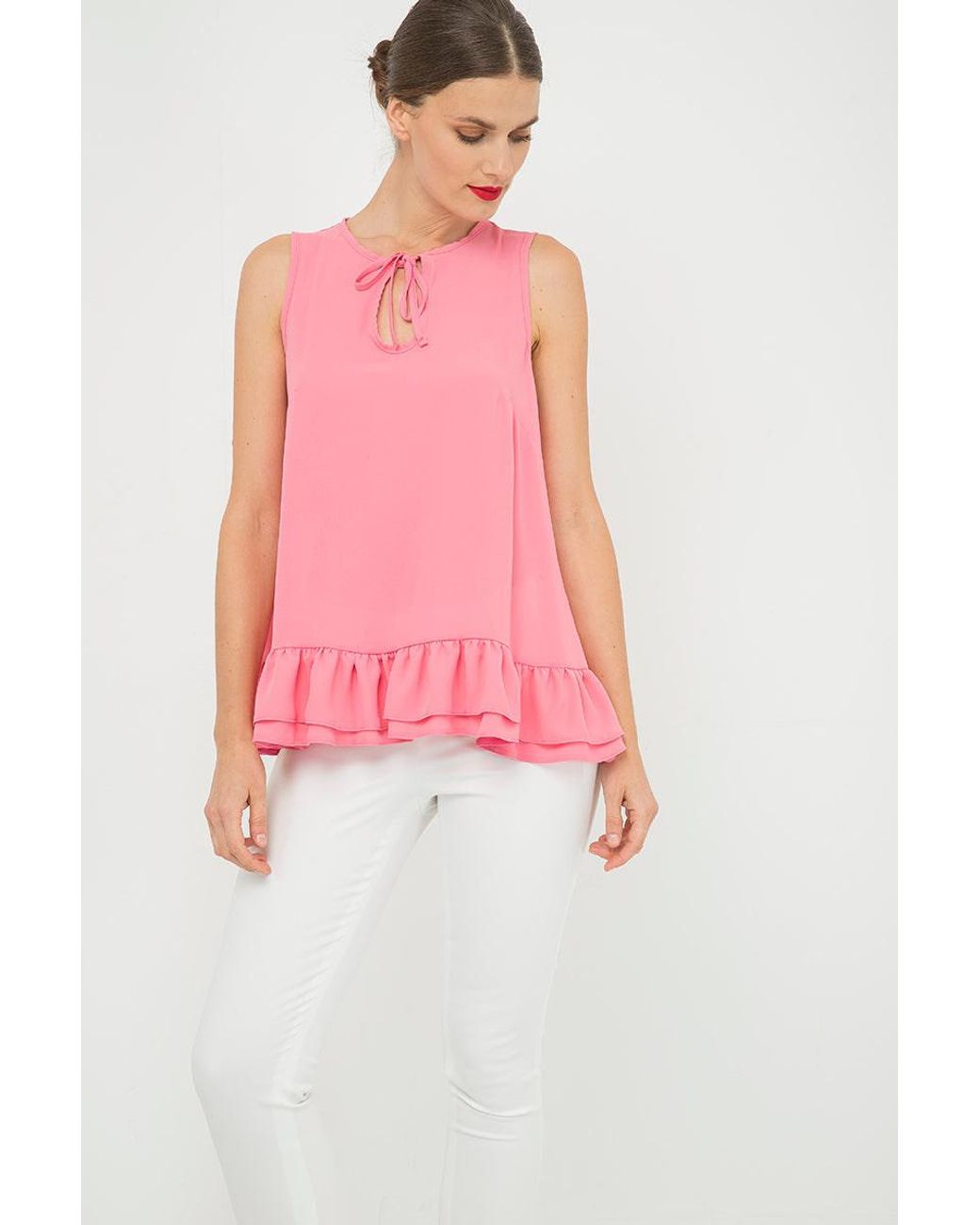 Conquista Pink Sleeveless Summer Top With A Wide Double Layer Frill