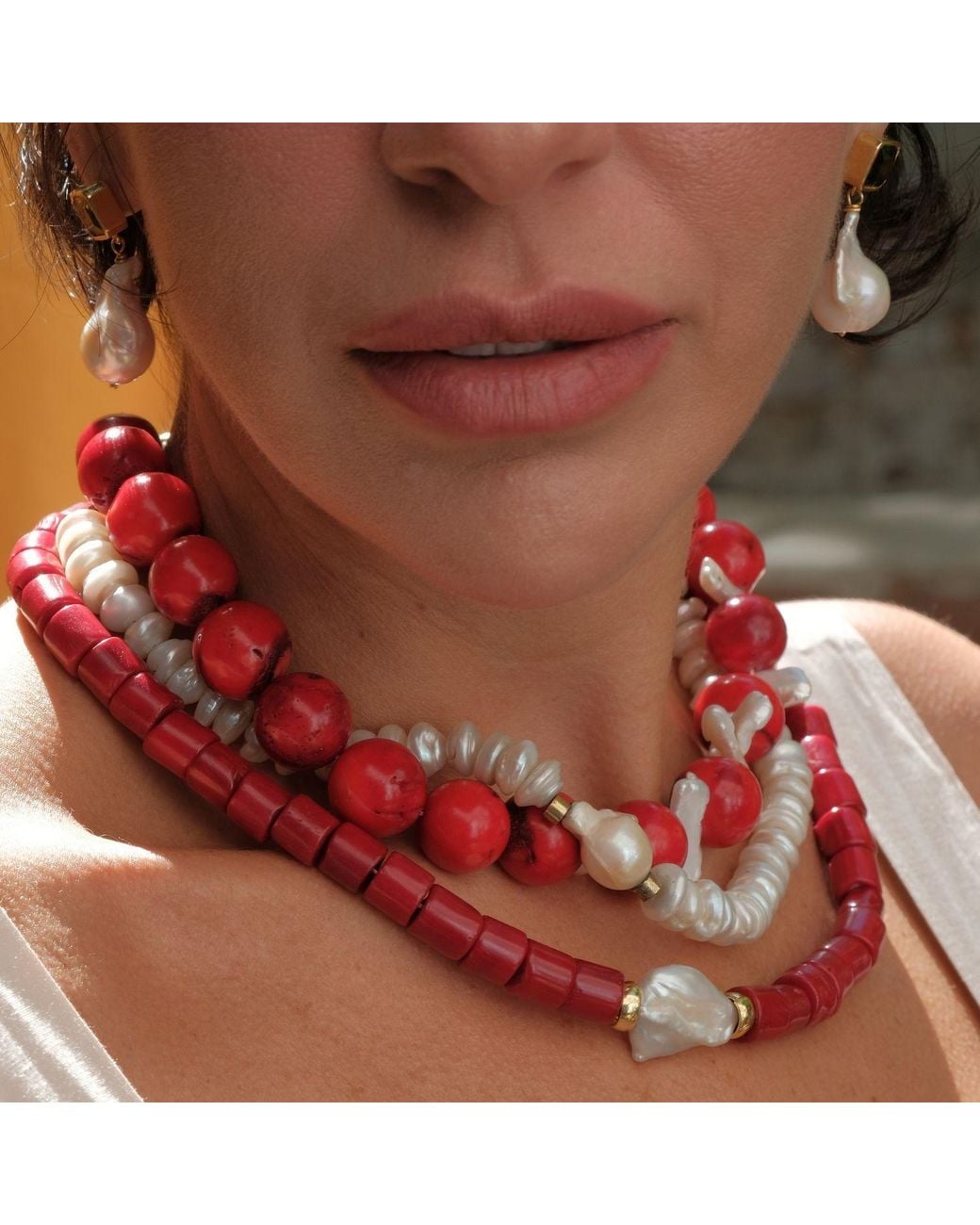 LINYA JEWELLERY Red Harmonia Baroque Pearl Coral Necklace
