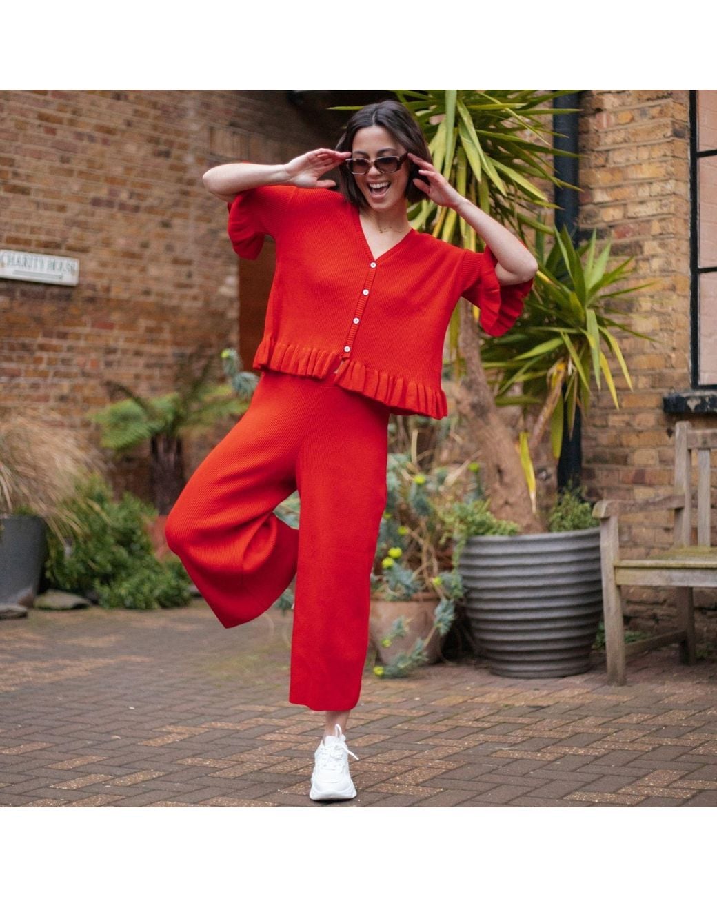Cara & The Sky Red Marlow Ruffle Co-Ord Short Sleeve Cardigan