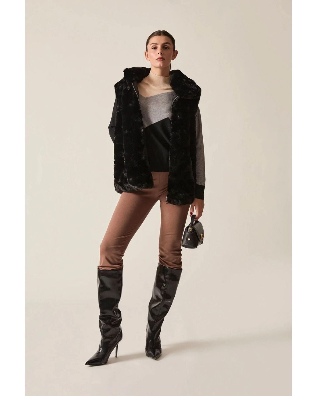 James Lakeland Black Faux-Fur Belted Gilet
