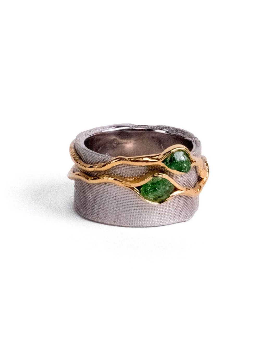 German Kabirski Green Vissa And Rhodium Plated Ring With Raw Tsavorite