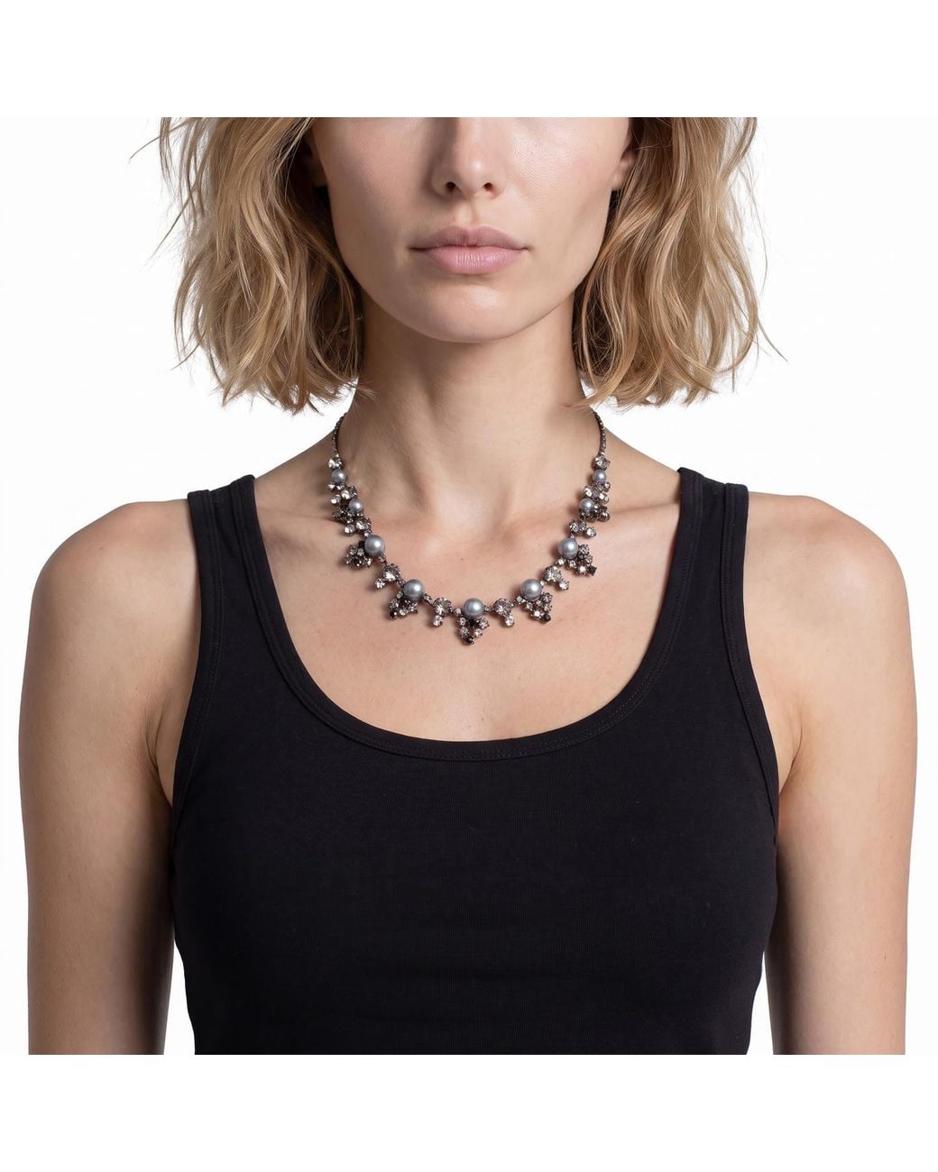 Modenaire Metallic Faux Pearl Crystal Statement Necklace And Earring Set