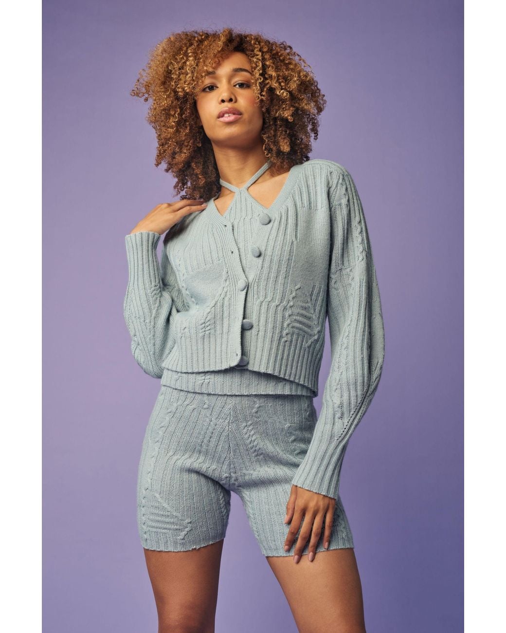 Fully Fashioning Blue Fern Cable Wool Blend Knit Shorts