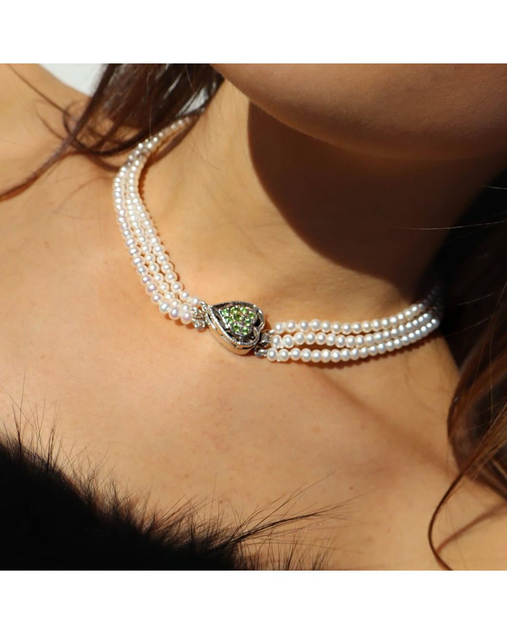 Mineralgems•Studio Metallic Three-Strand Pearl Choker With Heart-Shaped Clasp
