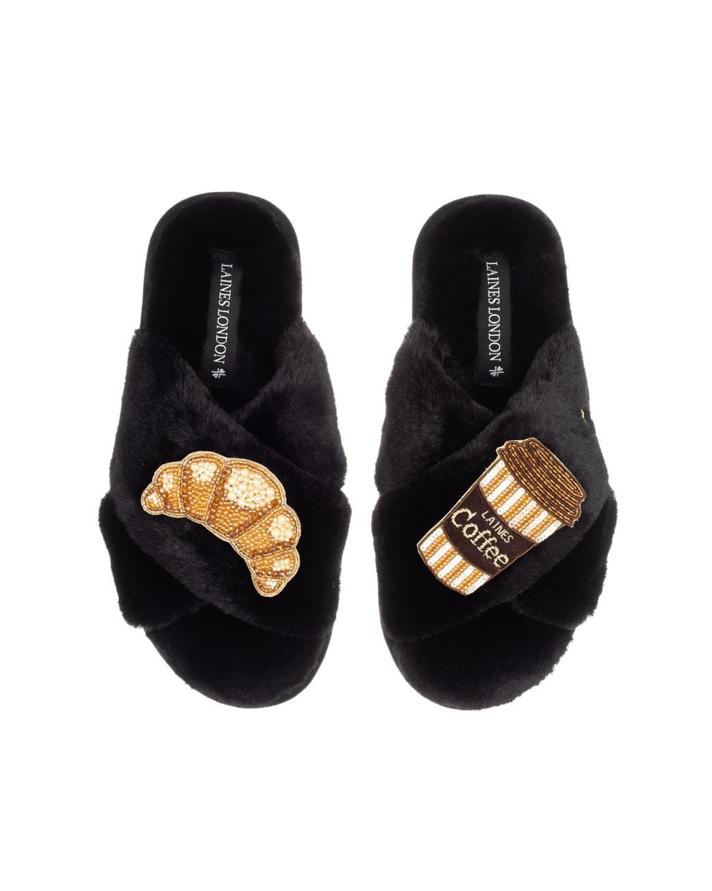 Laines London Black Classic Laines Slippers With Coffee Cup & Croissant Brooches
