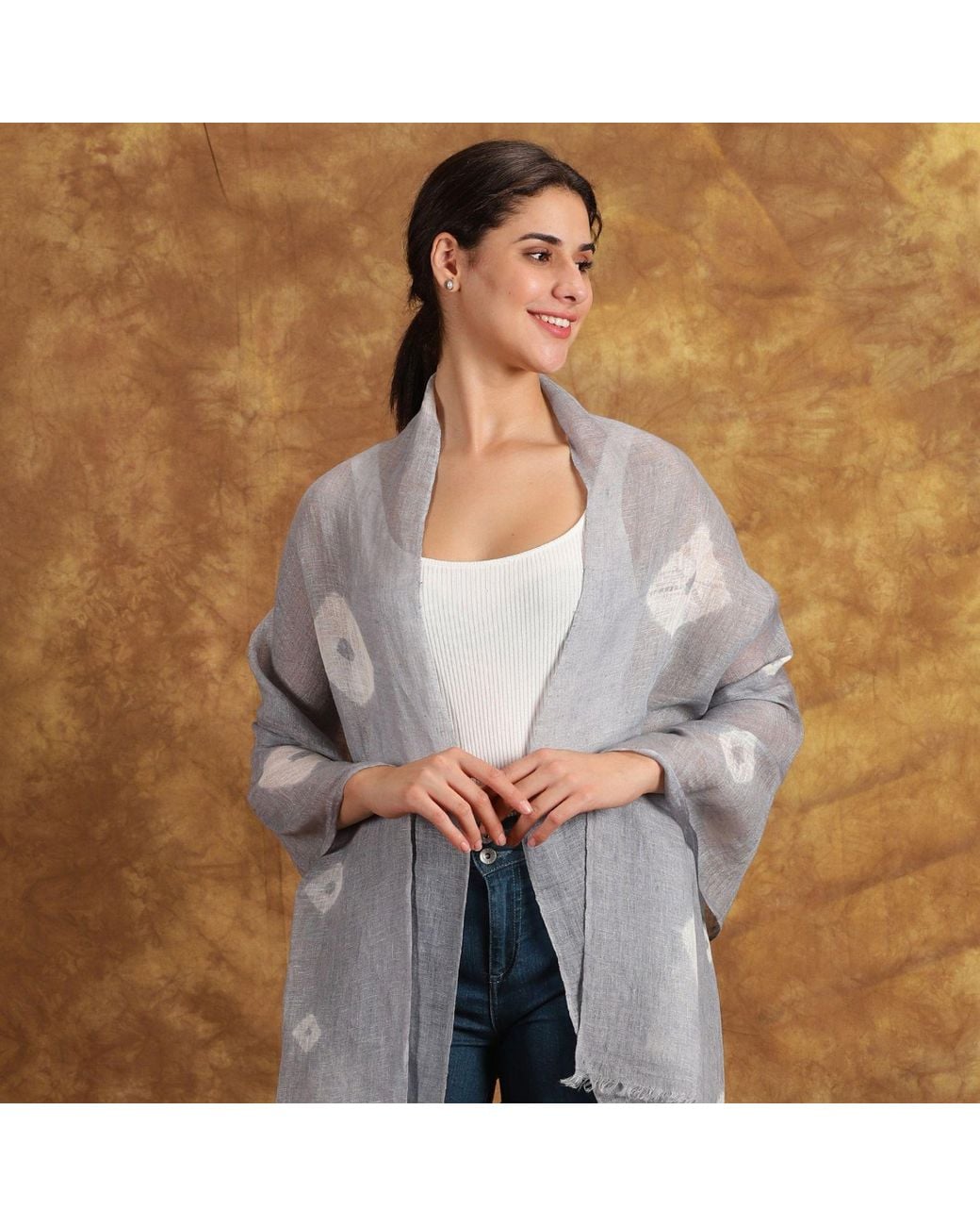 Heritagemoda Gray Neutrals Handmade Light Tie-Dye Linen Scarf