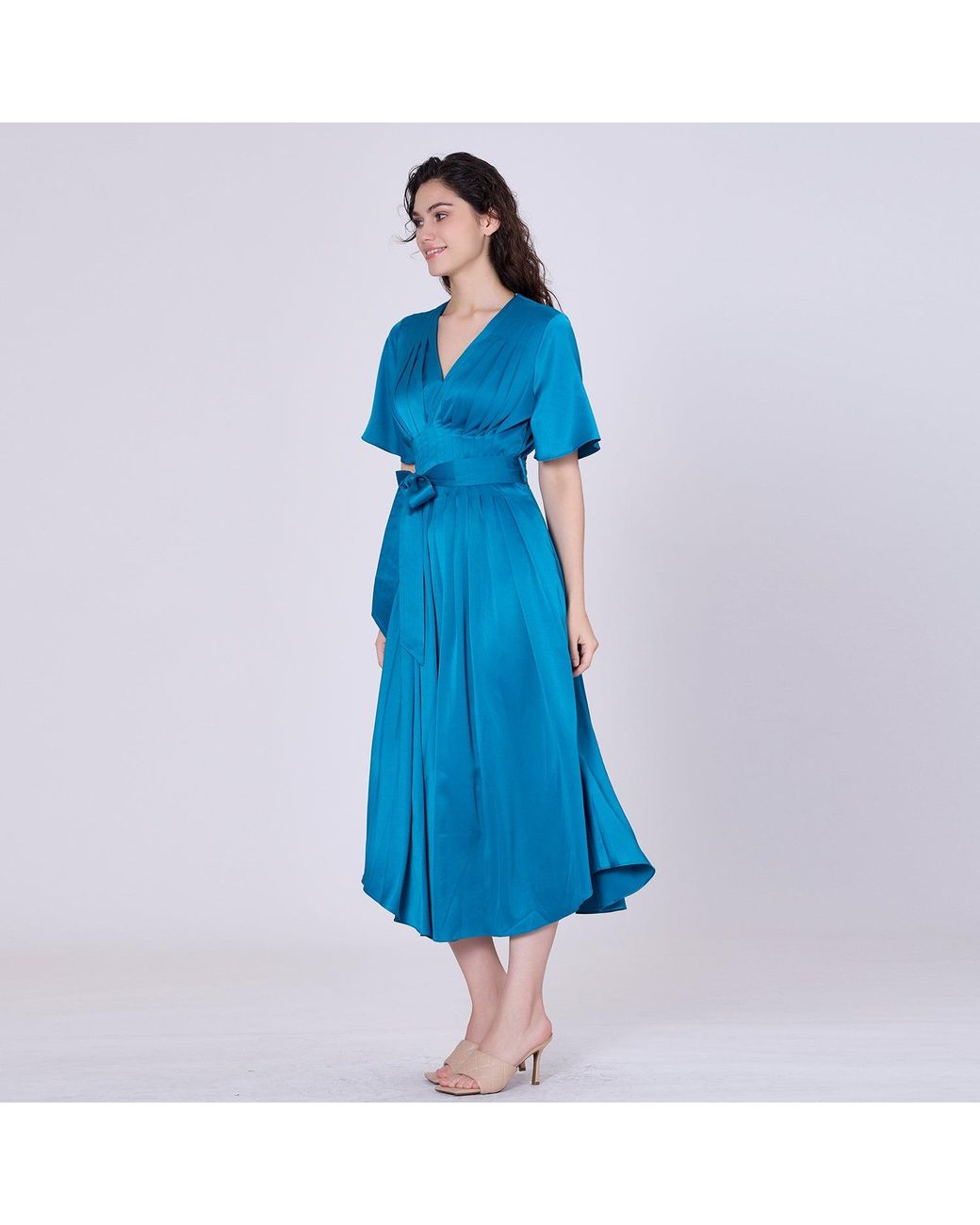 Smart and Joy Blue Multi Pleats Satin Gown