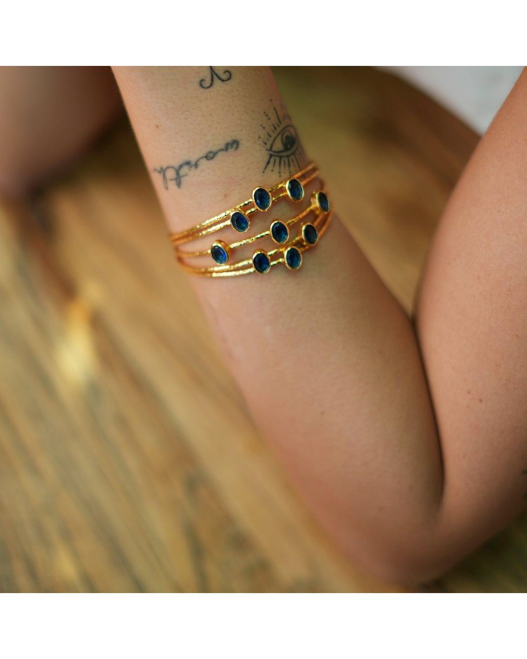 Ebru Jewelry Metallic Gold Plated Sapphire Stone Cuff Bracelet