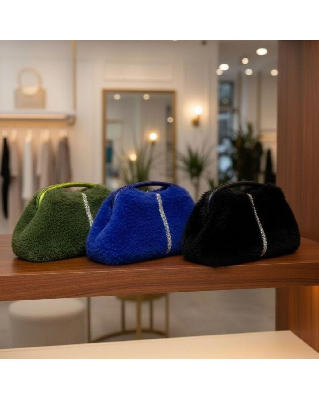 Springmoonatelier Green Handmade Plush Clutch Bag With Crystal Accent – Limited Edition Winter Luxury
