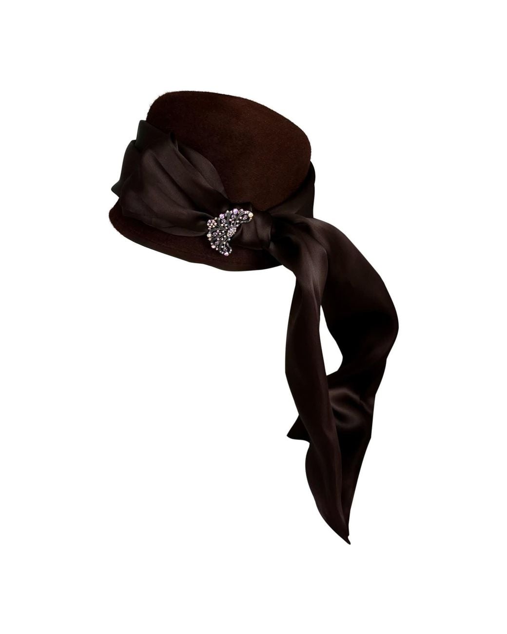 Romer Millinery Black Belle Cloche Vintage Felt With Organza Tie & Vintage Pin One Of A Kind
