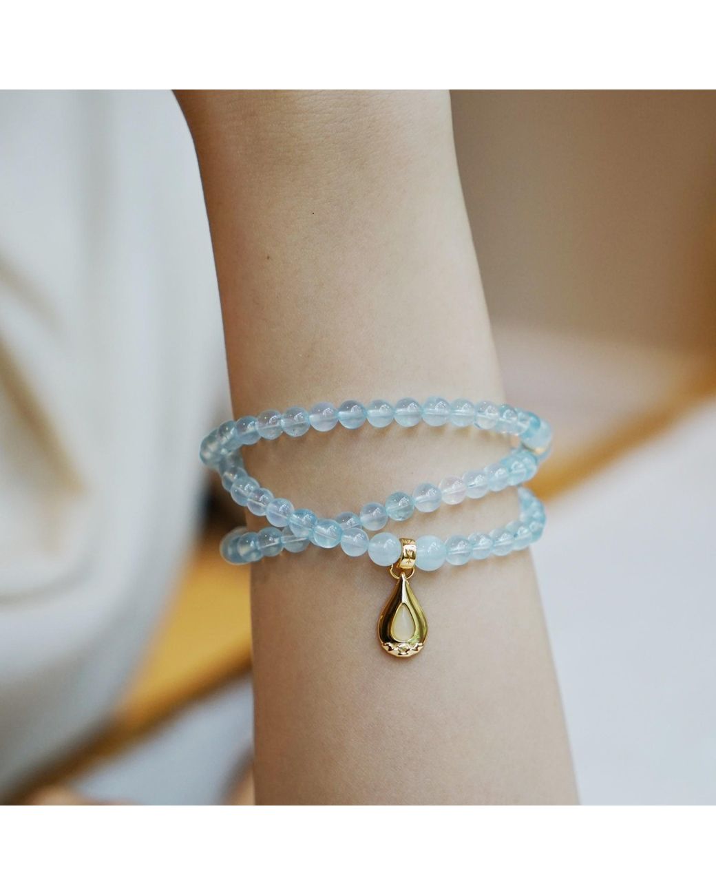 Aurozia Blue Five Elements Water/ Vermeil Aquamarine Waterdrop Pendant Three Layered Crystal Bracelet & Necklace