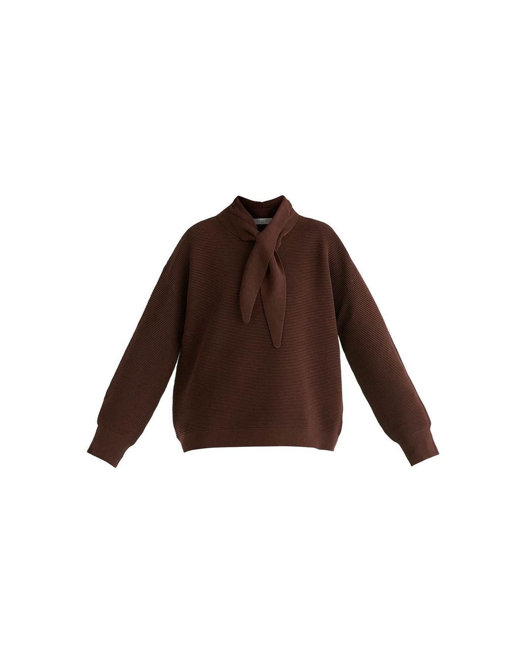Paisie Brown Ribbed Jumper With Attached Scarf Tie