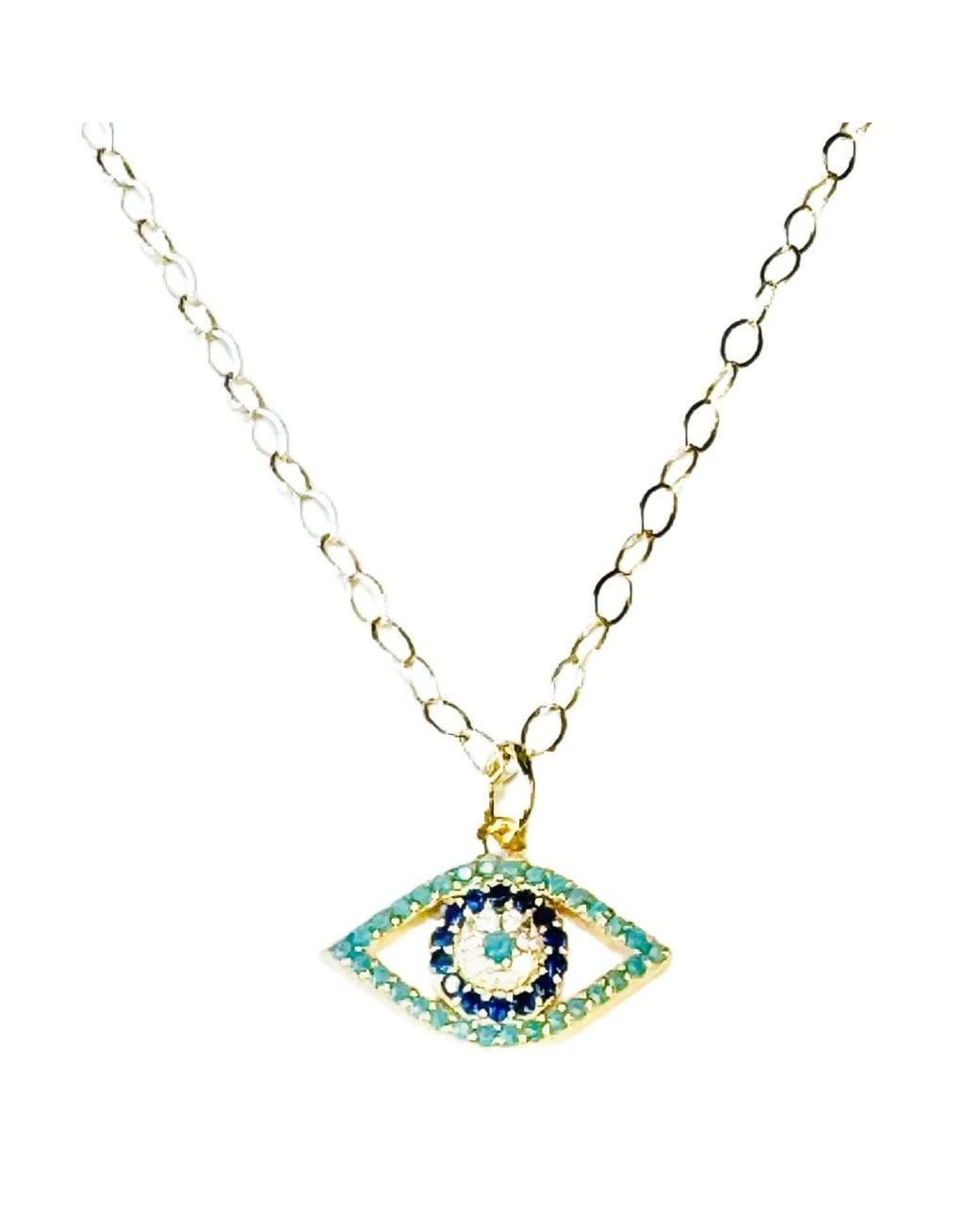 Lexi Jewelry Metallic Evil Eye Necklace With Cubic Zirconia & Aquamarine Colored Accents