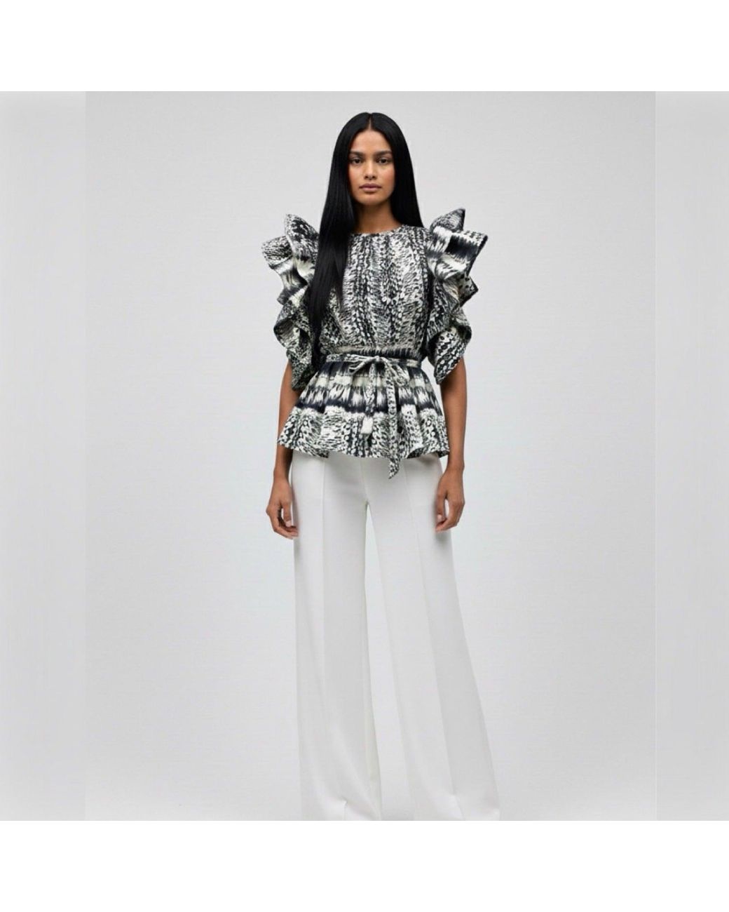 Imaatu Black Butterfly Sculptural Ruffle Sleeve Peplum Blouse