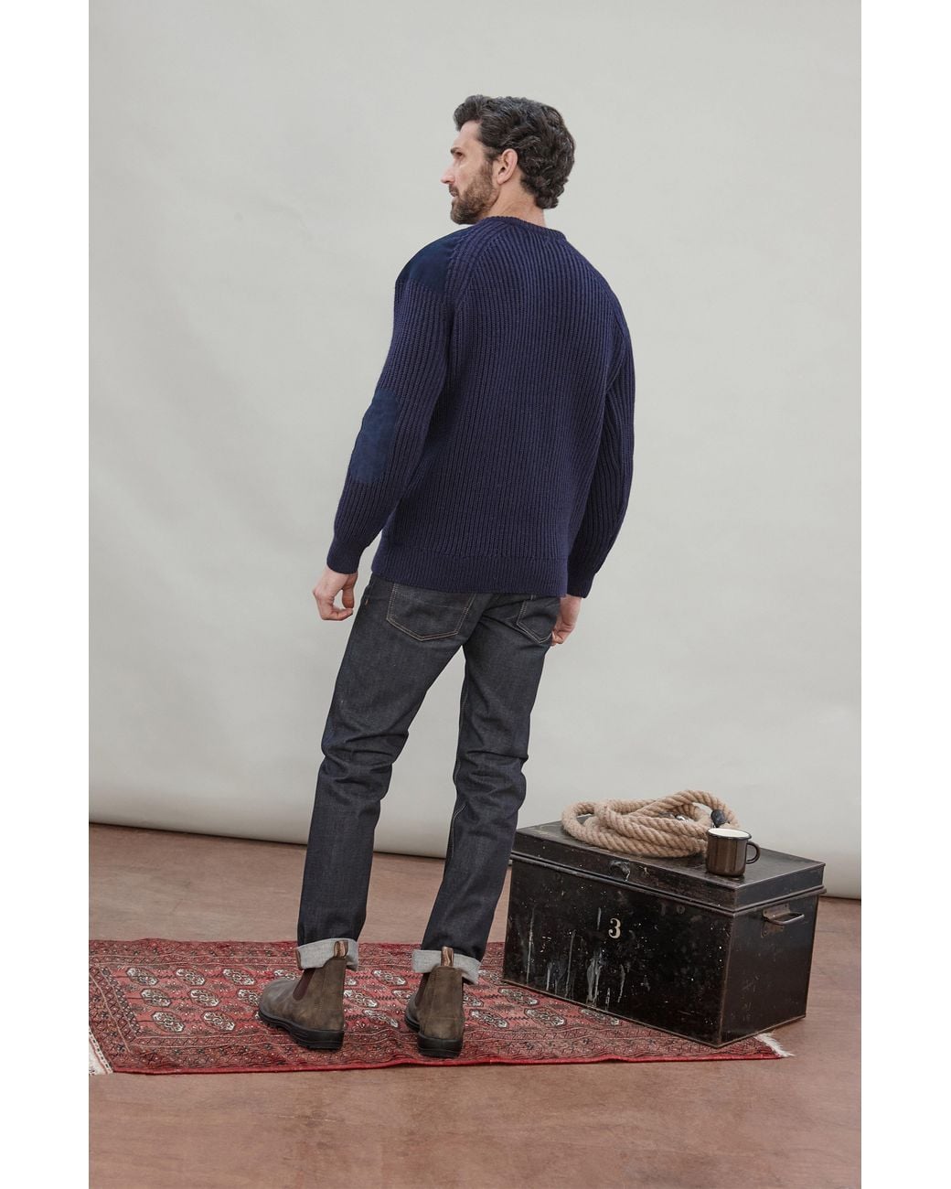 Paul James Knitwear Blue Chunky British Wool Hardy Ribbed Shooting Jumper for men